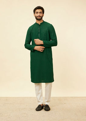 alt message - Manyavar Men Hunter Green Chikankari Sequinned Kurta Set image number 2